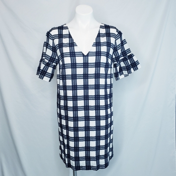 NWT Madewell Leighton Bell Sleeve Dress Navy White Plaid Size 6 - Picture 2 of 12